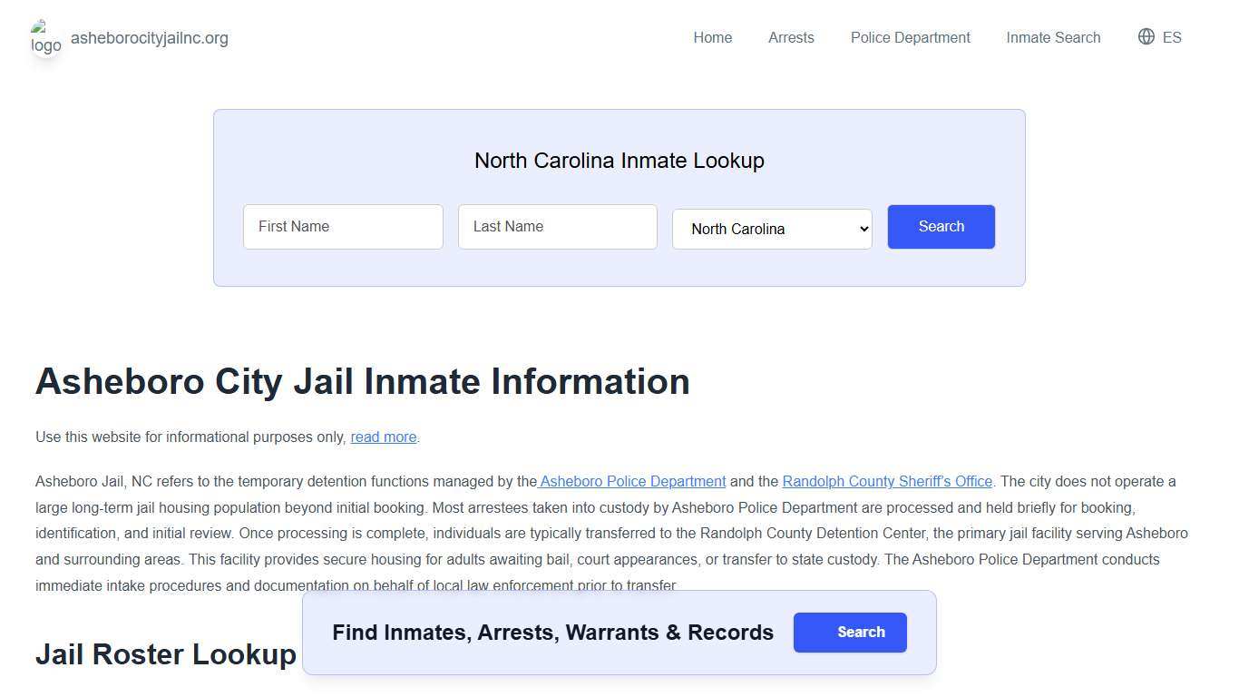 Asheboro Jail, NC Inmate Roster, Municipal Jail Info